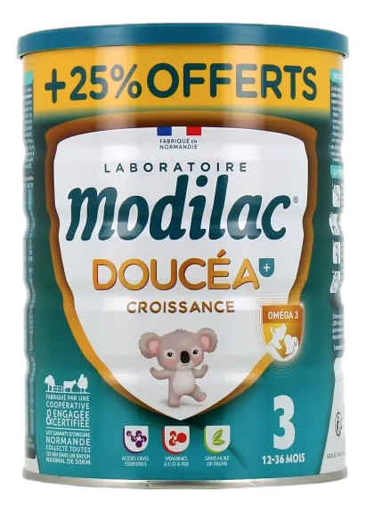 DOUCEA - Lait de Croissance - De 12 à 36 mois Le Lait de Croissance Doucéa de MODILAC convient aux bébés âgés de 12 à 36 mois.  800g + 25% Offerts 